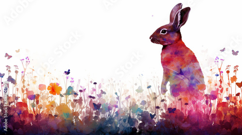Vibrant watercolor illustration of a rabbit in a colorful floral field, blending art and nature with vivid hues and imaginative design.