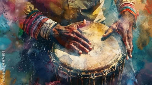 High-angle view close up, dynamic hand movements of a man playing an ethnic jembe, capturing rhythmic energy, vibrant tones, watercolor effect