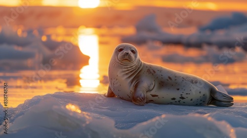 A photograph of a ringed seal, basking on an ice floe in the North Pole under the midnight sun. The serene and tranquil landscape with a soft glow from the sun, highlighting the seal's features.