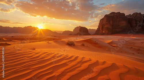 Warm sunset light over vast desert landscape featuring dunes and rock formation 