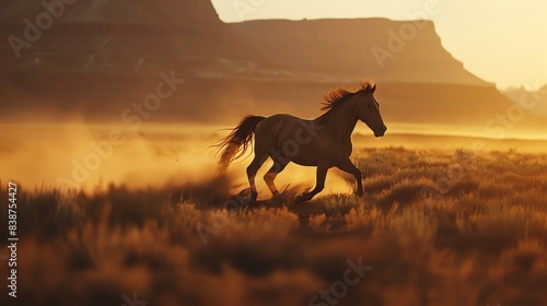 A wild horse runs free in the open desert. Its mane and tail flowing in the wind.