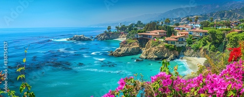 A panoramic view of a colorful coastal cliffside dotted with quaint seaside cottages and vibrant flowers, overlooking a sparkling azure ocean and endless blue skies, offering a picturesque