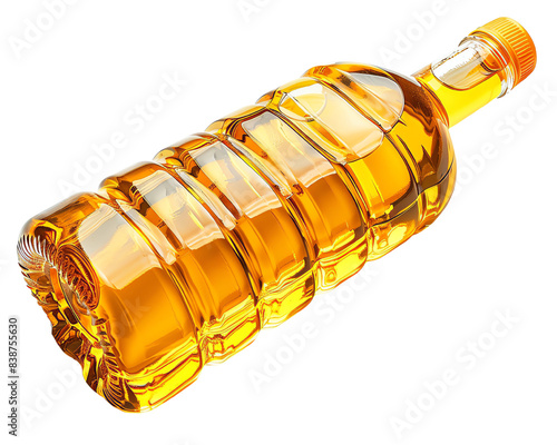 A clear plastic bottle filled with golden cooking oil. Isolated on transparent background.