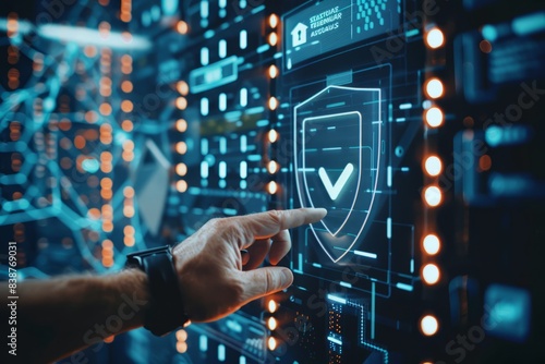 A businessman holds a virtual shield with a checkmark icon, utilizing the technical background of virtual network security technology and online data protection security, data protection and business 