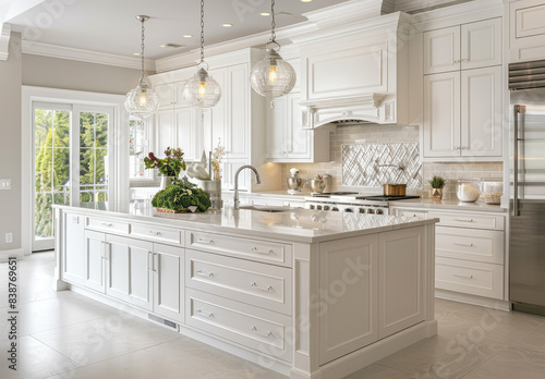 bright and airy kitchen with white cabinets, quartz countertop, undercov ing light gray tiles in an offwhite pattern, natural wood flooring, two island counter tops