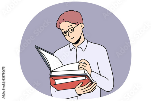 Business man with folders for documents works as lawyer in large corporation. Guy office worker with papers makes career as business auditor checking accounting statements of employer company