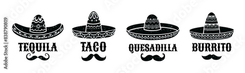 Mexican sombrero. Burrito and taco, quesadilla and tequila signs. Isolated vector black silhouettes of traditional latin headwear with mustaches and creative typography names of national tex mex meals