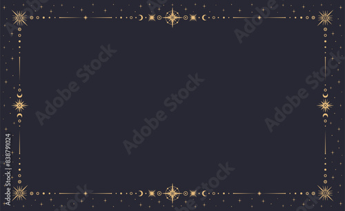 Mystic celestial frame. Vector mystical border, adorned with golden stars, suns, moons and lines. Esoteric boho style magical, astrological background with golden space symbols, decorative empty frame