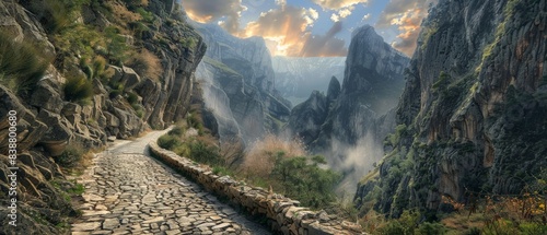  A weathered stone road, worn smooth by time and the elements, winds its way through a narrow mountain pass, hemmed in on either side by towering peaks that pierce the sky.