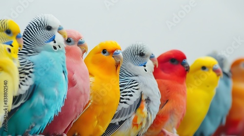 A crowd of colorful birds perched on a white backdrop.