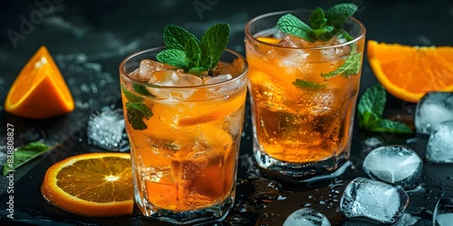 Glasses of orange mint mocktails on black table with ice slices. Concept Beverages, Mocktails, Orange Mint, Refreshing Drinks, Table Setting