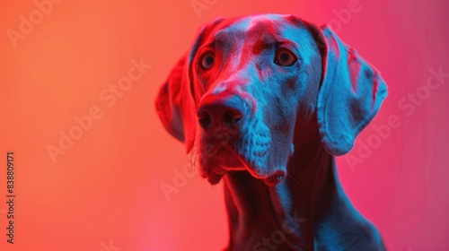 Weimaraner dog portrait in the light of colored lamps