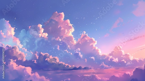 A beautiful landscape painting of a sunset over the ocean. The sky is a gradient of purple, pink, and blue, with fluffy white clouds dotting the sky.