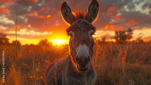  A donkey braying with a dramatic sunset in the background