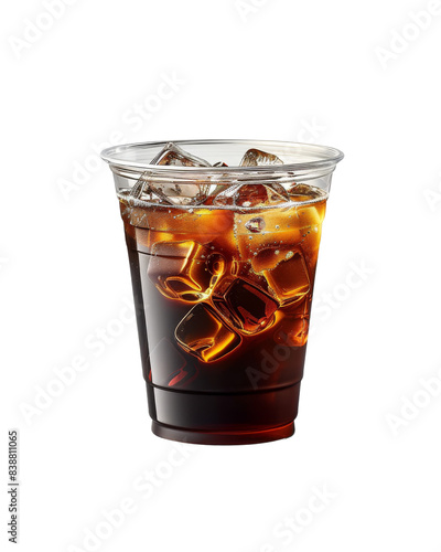 A refreshing glass of cold brew coffee with ice cubes, viewed up close in a clear plastic cup, perfect for a summer day or coffee lover. isolated PNG transparent background.