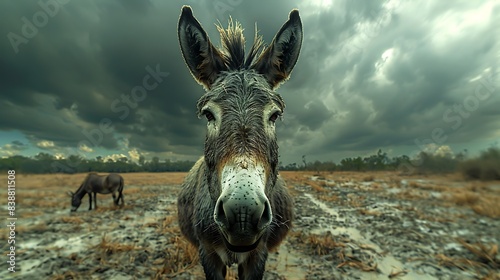  A donkey in front of a dramatic, stormy sky.