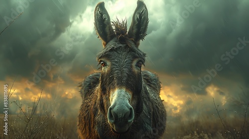  A donkey in front of a dramatic, stormy sky