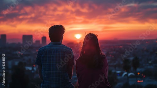 A young couple is sitting on a hilltop, watching the sunset. The sky is ablaze with color, and the city lights are twinkling in the distance.