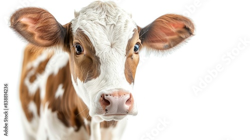 Close-up of a brown and white spotted calf on a white background. The adorable young cow is looking directly at the camera.