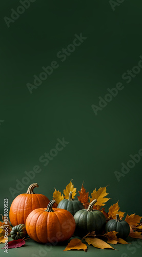 Background with orange pumpkins and fall leaves on a green background, Thanksgiving day concept