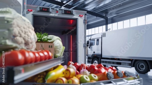 refrigerated truck with P-IoT sensors monitoring temperature, ensuring perishable goods remain in perfect condition