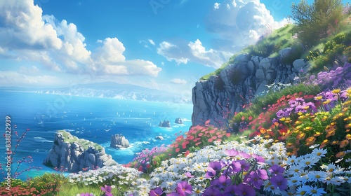 A scenic view of a coastal cliff adorned with spring flowers, overlooking a calm, blue ocean.