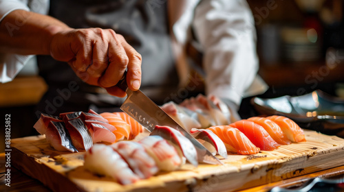A Japanese chef expertly slicing sashimi with a sharp knife