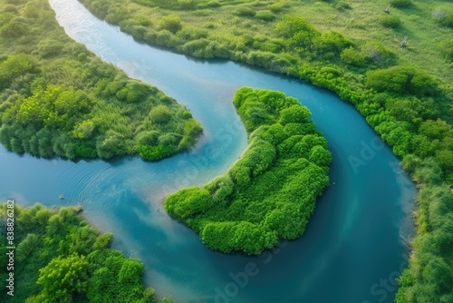 Aerial view of a river surrounded by lush green trees and grass