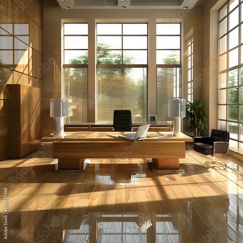 Office interior with large windows and wooden furniture
