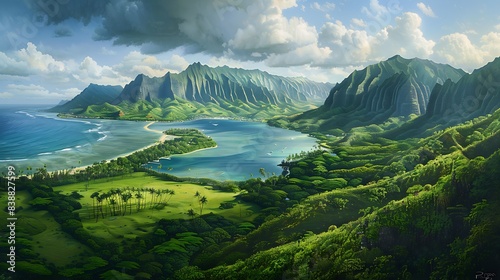 Aerial View of Kualoa area of Oahu Hawaii 