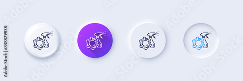 Coronavirus spray sanitizer line icon. Neumorphic, Purple gradient, 3d pin buttons. Covid virus sign. Antiseptic symbol. Line icons. Neumorphic buttons with outline signs. Vector