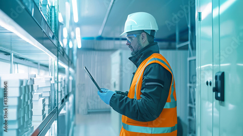 A worker in an industrial freezer facility checks inventory on a tablet, surrounded by shelves of frozen food