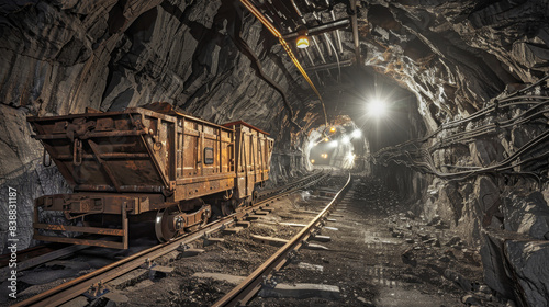 An old, rusty ore cart sits on a rail track in a dark, cavernous mine. The cart is partially loaded with ore, and the track leads into a long, winding tunnel