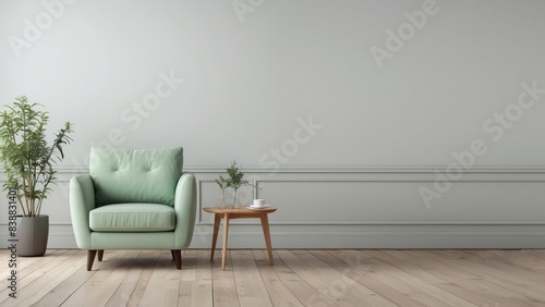 Interior home of living room with pastel green armchair on green wall copy space mock up, Scandinavian style