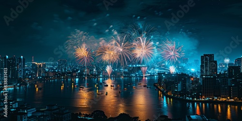 Fireworks exploding in the night sky over a city skyline