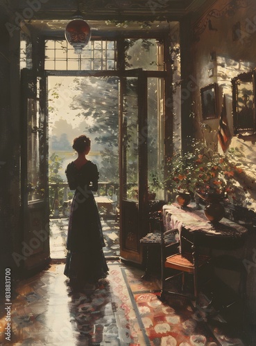 elegant woman in a long black dress standing in the parlor and looking out at the garden