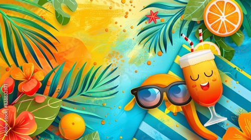 An illustration of a happy character icon lounging on a colorful beach towel, with a fruity cocktail in hand, enjoying the lazy days of summer against a vibrant, tropical background.