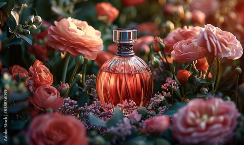 Elegant perfume bottle among flowers in retro style.