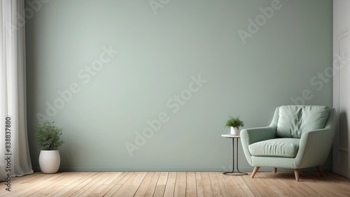 Interior home of living room with pastel green armchair on green wall copy space mock up, Scandinavian style