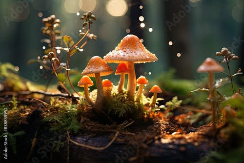 In a bright summer forest, mushrooms with drops of dew grow in clusters among the moss.