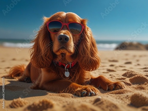Red cocker spaniel wearing sunglasses on a sandy beach. the image was created using artificial intelligence