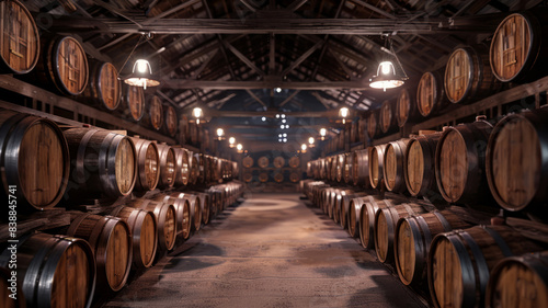 A large old distillery with wooden barrels for the production of whiskey. Traditional craftsmanship.