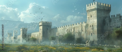 A fortress with high walls and watchtowers, representing historical protection and defense