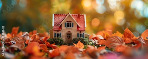 A miniature model of a tiny house in an autumn setting, with colorful leaves and free copy space for text