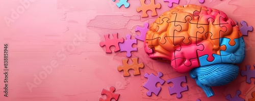 Brain and puzzle pieces, bright colors, flat design, mental clarity