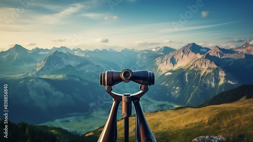 Public binoculars and Mountain Silhouettes at Sunrise Foresight and vision for new business concepts and creative ideas Alps Allgau Bavaria Germany 