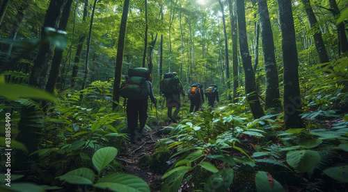 A group of friends on a hiking adventure in a lush green forest, with a narrow path winding through towering trees. Generative AI.