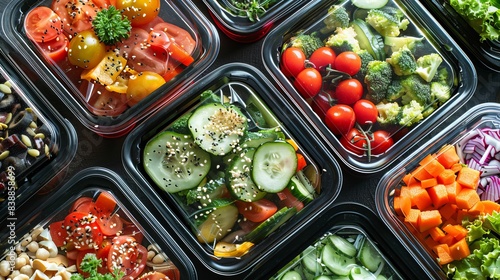 Top view of a close-up of several healthy vegetable salad lunch boxes packaged in plastic. Diet Take away food 