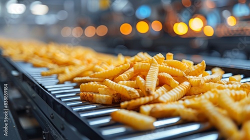 Crisp, detailed view of French fries on a conveyor belt in a state-of-the-art food plant, focusing on the cleanliness and efficiency