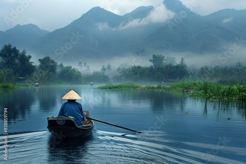 view from the back, a man in a traditional Vietnamese hat floats along the river